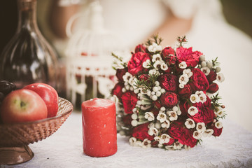 Beautiful wedding photobooth in autumn park ready for wedding photoshoot. Horizontal color photography.