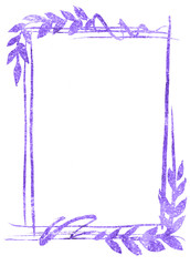 Violet floristic watercolor frame with line foliage, flowers and leaves on the white isolated background. Beautiful and elegant design.