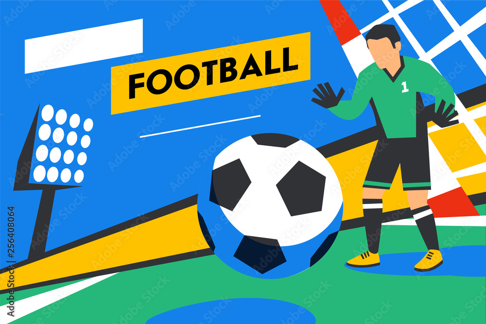 Wall mural Goalkeeper defends goal. Football player with ball against background of the stadium. Soccer player on a field. Online streaming web banner. Full color illustration in flat style