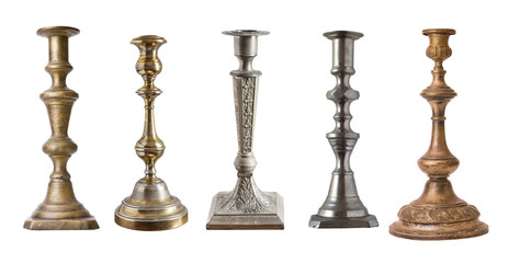 5 vintage different candelabrum, candle stand, candlestick isolated on white background