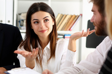 Obraz premium Group of people sit in office deliberate on problem