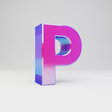 3d letter P uppercase. Rendered multicolor metal font with glossy reflections and shadow isolated on white background.