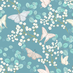 Fototapeta na wymiar Seamless pattern with butterflies and white flowers