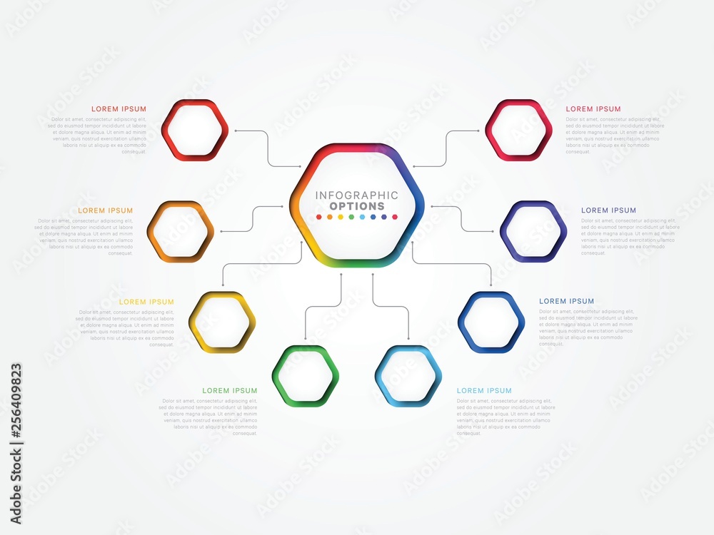 Aufkleber eight steps 3d infographic template with hexagonal elements. business process template with options 