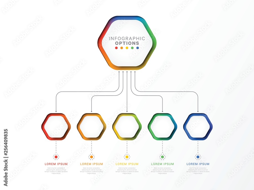 Poster five steps 3d infographic template with hexagonal elements. business process template with options f