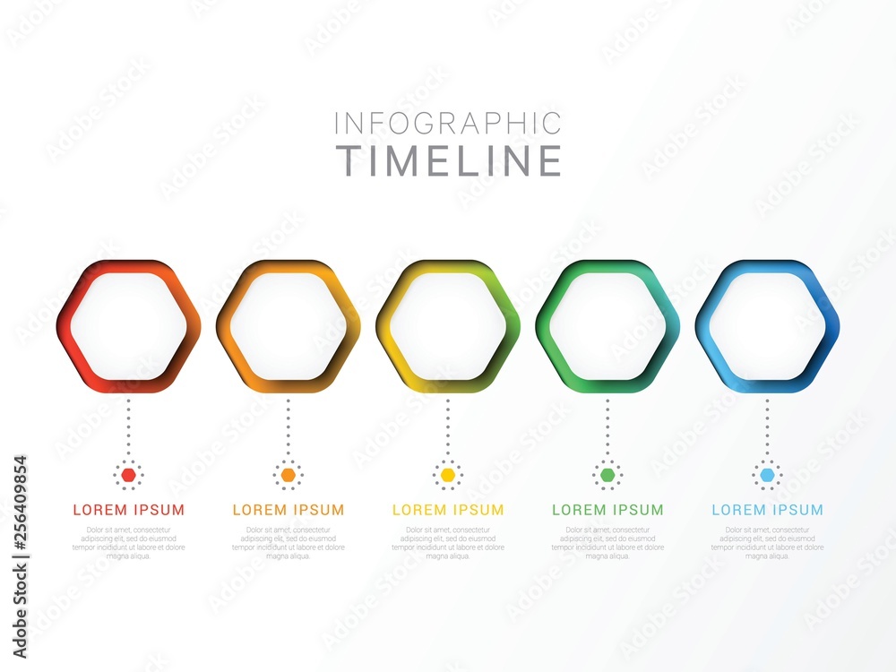 Aufkleber five steps 3d infographic template with hexagonal elements. business process template with options f