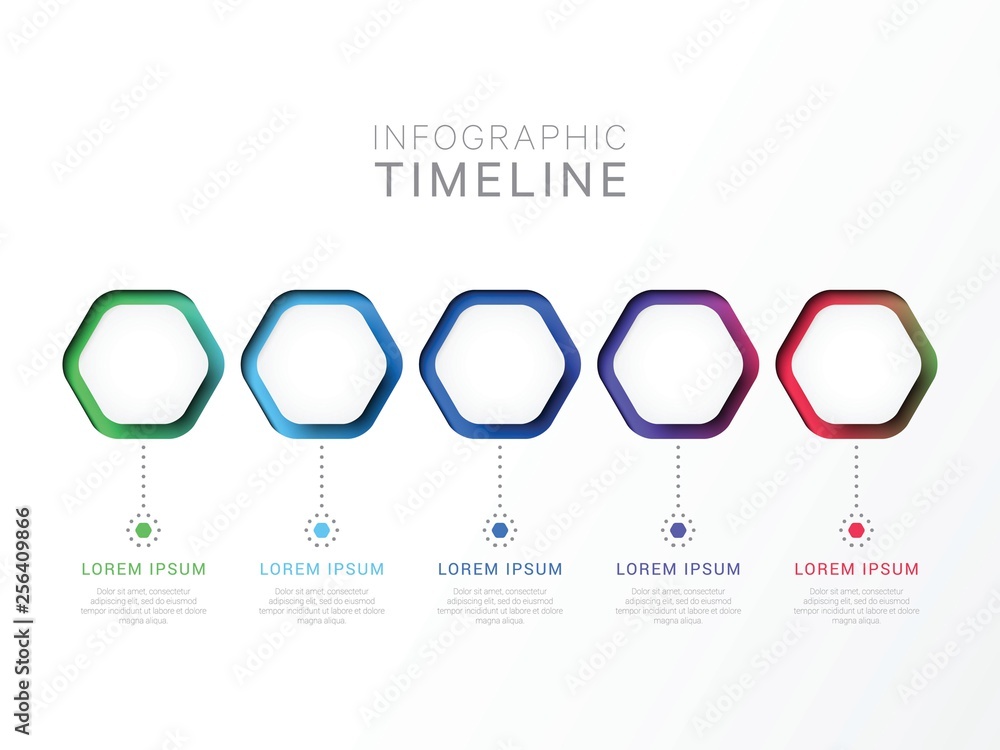 Aufkleber five steps 3d infographic template with hexagonal elements. business process template with options f