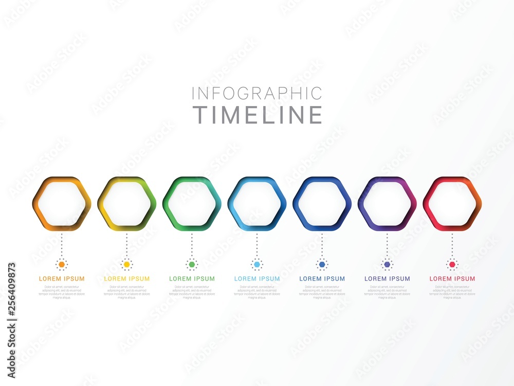 Poster seven steps 3d infographic template with hexagonal elements. business process template with options 