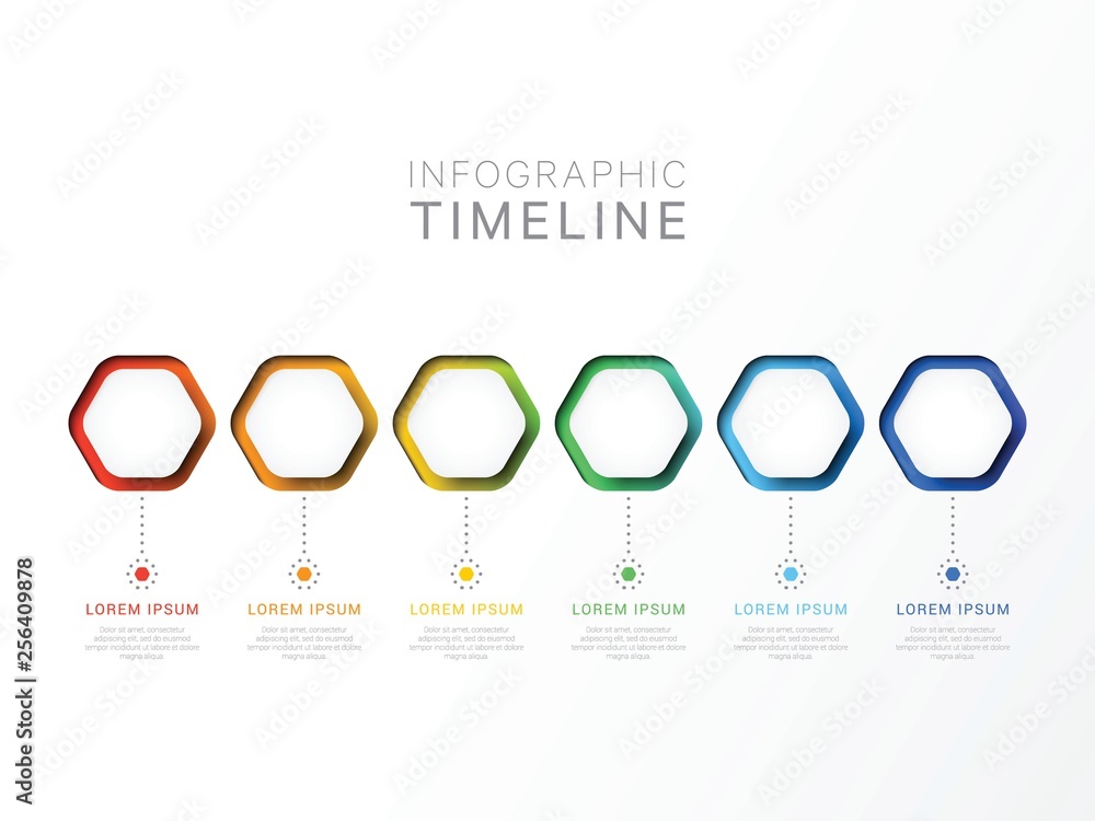 Aufkleber six steps 3d infographic template with hexagonal elements. business process template with options fo