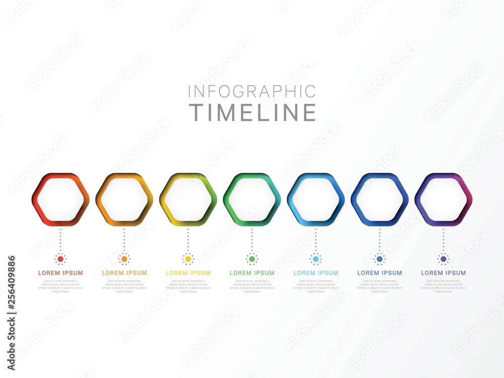 Aufkleber seven steps 3d infographic template with hexagonal elements. business process template with options 