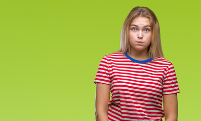 Young caucasian woman over isolated background puffing cheeks with funny face. Mouth inflated with air, crazy expression.