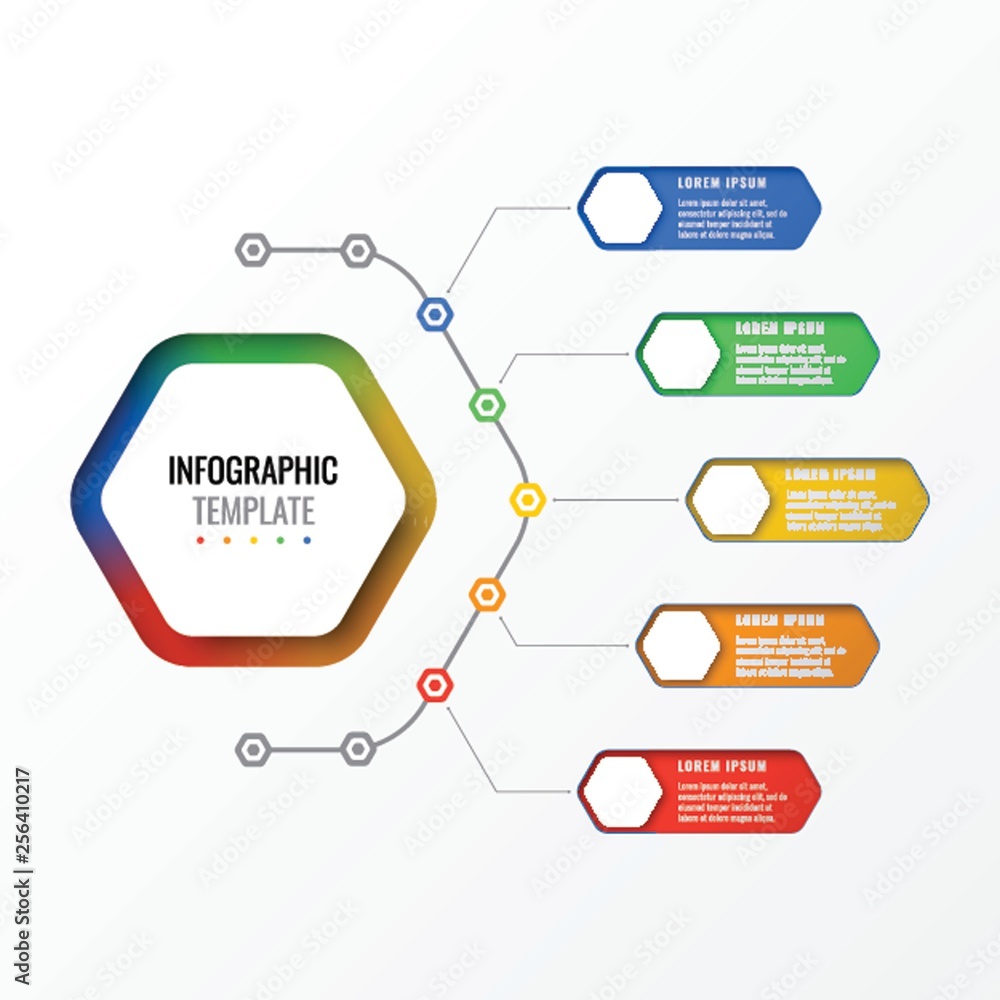Aufkleber five options design layout infographic template with hexagonal elements. business process diagram fo