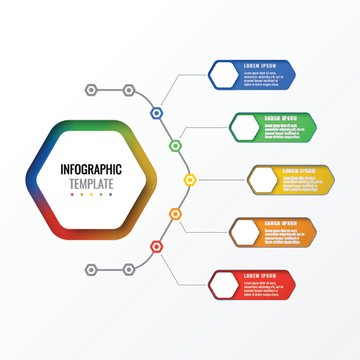 five options design layout infographic template with hexagonal elements. business process diagram for brochure, banner, annual report and presentation