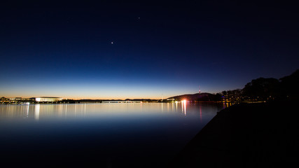 Sunset over Lake Burley Griffin, looking toward Parlament House