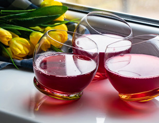 Spring compote of cherries and strawberries. Spring mood.