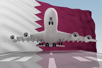 airplane takes off against backdrop Qatar flag