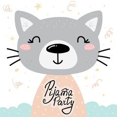 Cute Pijama Party card with hand drawn cat. vector print.