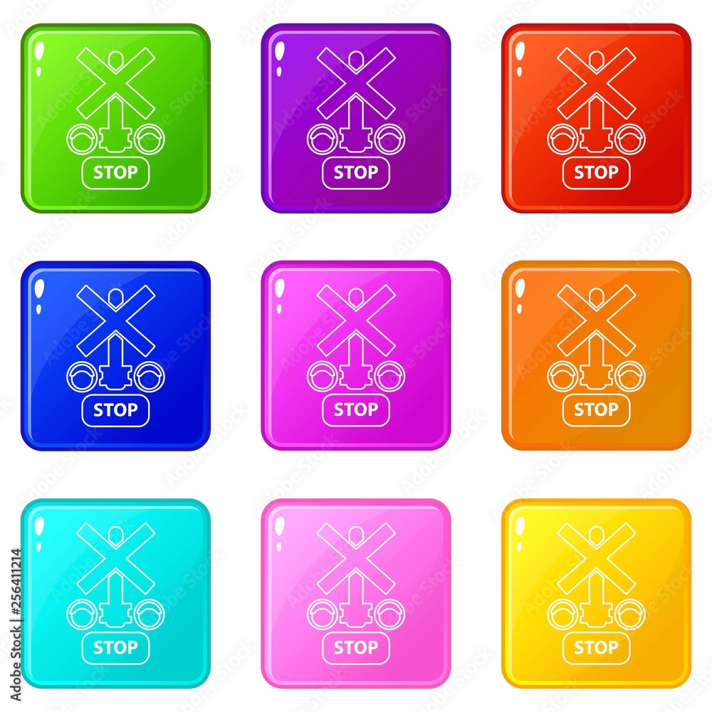 Poster traffic light stop railway icons set 9 color collection isolated on white for any design