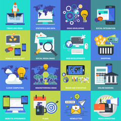 Set of flat design icons for business, pay per click, creative process, searching, web analysis, time is money, on line shopping. Icons for website development and mobile phone services and apps.