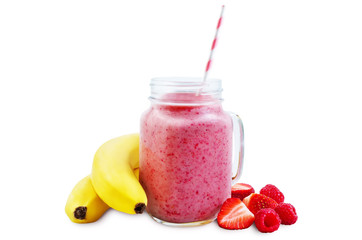Strawberry banana smoothie on a white background