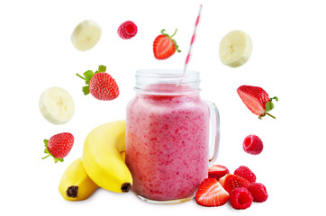 Strawberry banana smoothie on a white background