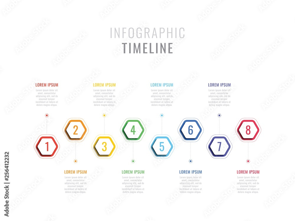 Aufkleber eight steps infographic timeline with hexagonal elements. business process template with options for