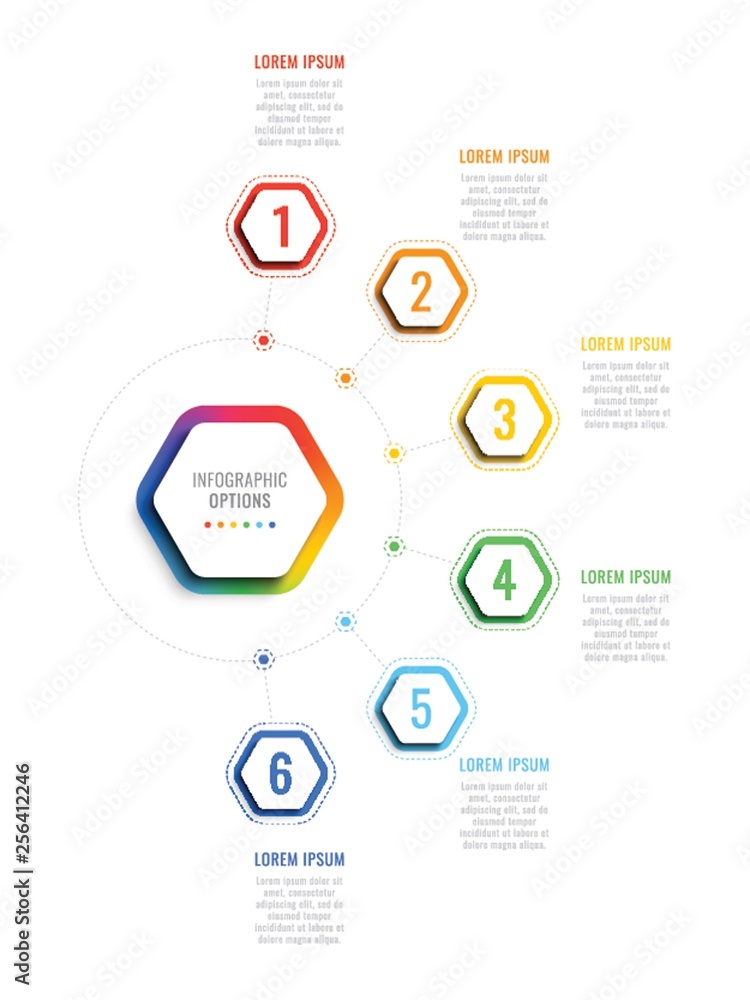 Aufkleber six steps 3d infographic template with hexagonal elements. business process template with options fo