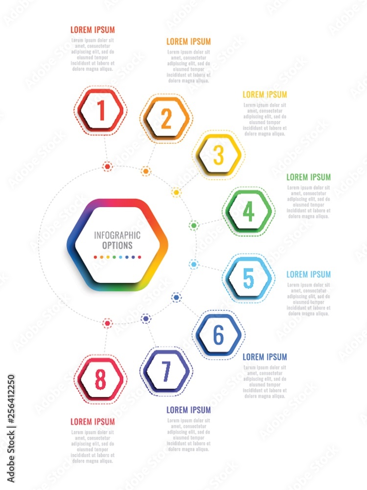 Aufkleber eight steps 3d infographic template with hexagonal elements. business process template with options 