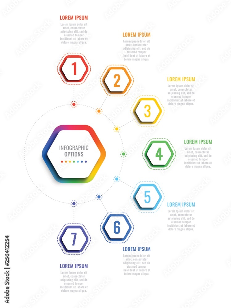 Aufkleber seven steps 3d infographic template with hexagonal elements. business process template with options 