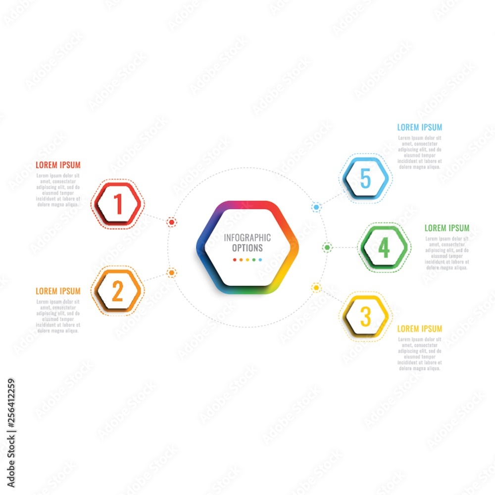 Aufkleber five steps 3d infographic template with hexagonal elements. business process template with options f