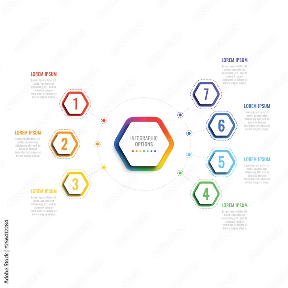Aufkleber seven steps 3d infographic template with hexagonal elements. business process template with options 