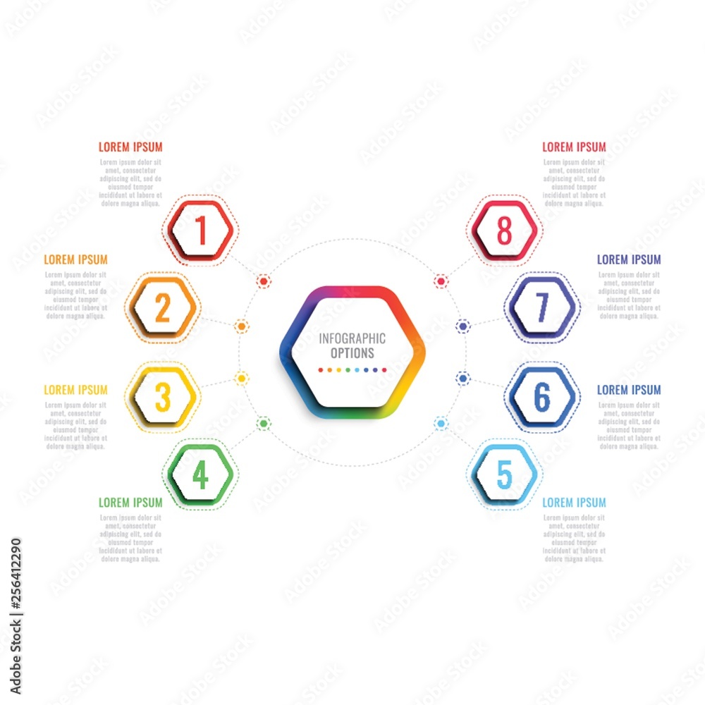 Aufkleber eight steps 3d infographic template with hexagonal elements. business process template with options 