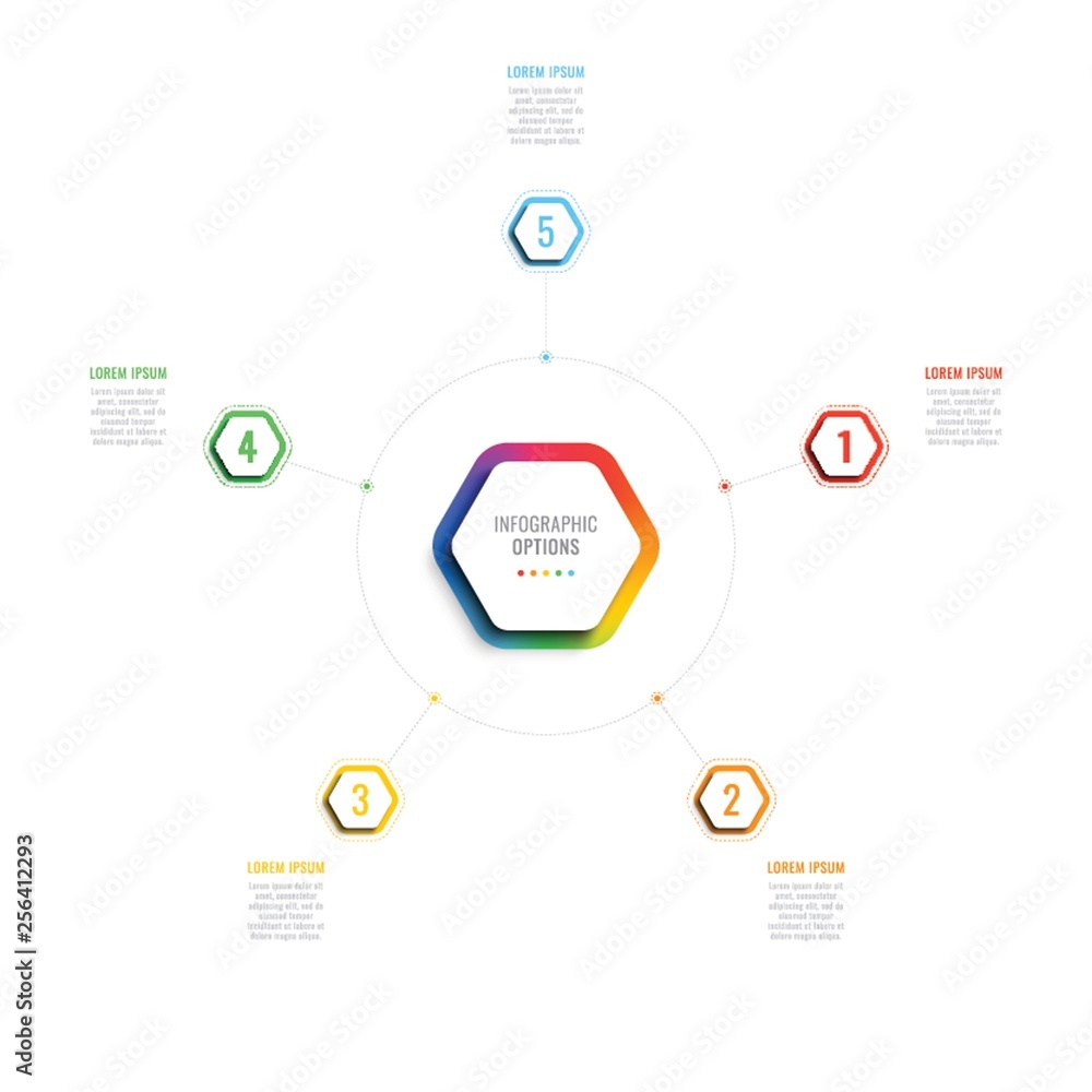 Aufkleber five steps 3d infographic template with hexagonal elements. business process template with options f