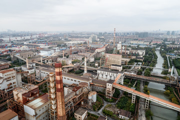 aerial view of industrial buildings in an abandoned factory