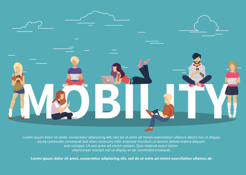 Mobility concept vector illustration of young people using mobile smartphones– stock illustration