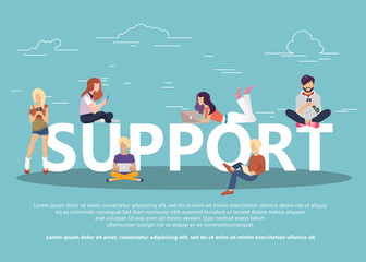 Business customer care service concept. Huge text and people sitting on it with lap tops and headphones. Flat vector illustration. 