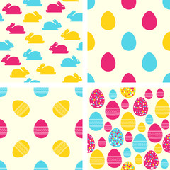 Easter seamless patterns. Set of vector backgrounds with easter eggs and bunnies