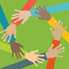 Teamwork concept. Friends with stack of hands showing unity and teamwork, top view. Young people putting their hands together. Flat vector illustration
