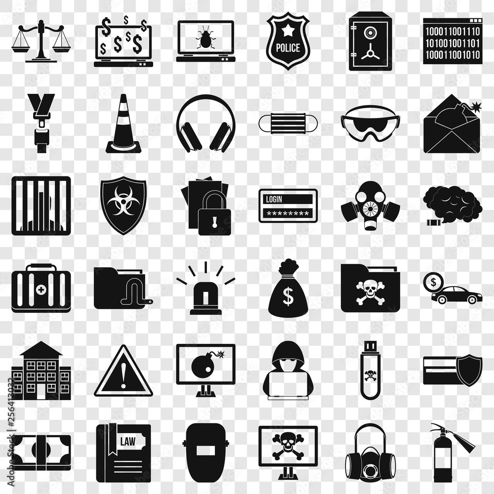 Poster crime icons set. simple style of 36 crime vector icons for web for any design