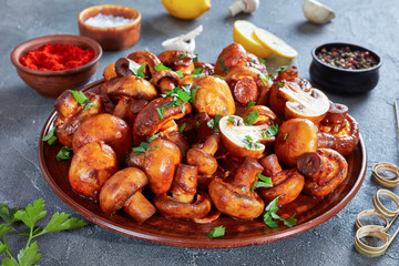 close-up of tasty spicy lightly fried champignons