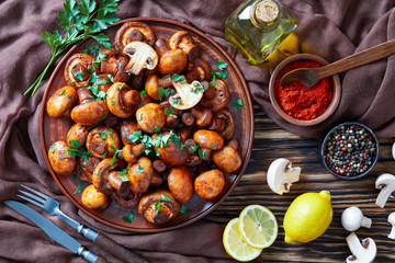 overhead view of spicy lightly fried champignons
