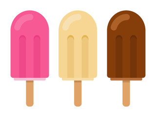 Berry, vanilla and chocolate ice cream on sticks vector flat isolated