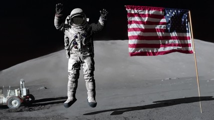 Astronaut jumping on the moon and saluting the American flag. Some Elements of this video furnished by NASA.
