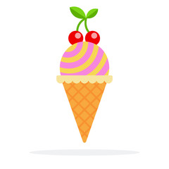 Striped ice cream ball in waffle cone with cherry twig flat isolated
