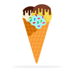 Balls of ice cream in a waffle cone with chocolate sauce flat isolated