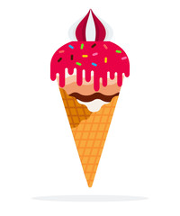 Ice cream in a waffle cone with berry sauce flat isolated