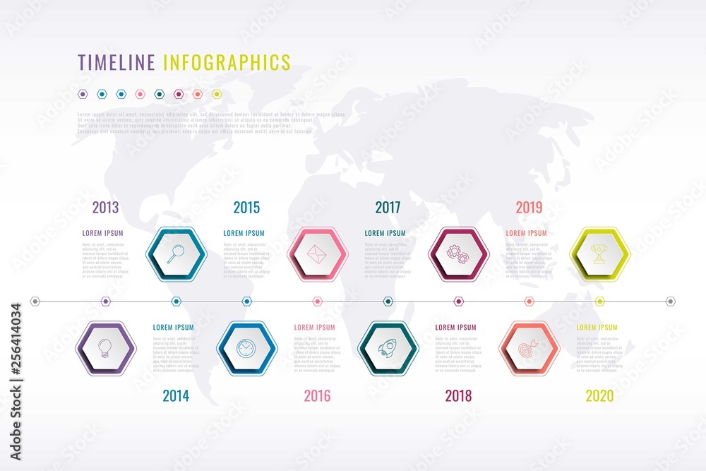 Aufkleber company history infographic with hexagonal elements, year indication and world map on background. mo