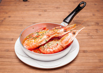 Shrimps on a frying pan