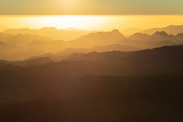 Egypt. Mount Sinai in the morning at sunrise. (Mount Horeb, Gabal Musa, Moses Mount). Pilgrimage place and famous touristic destination.