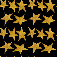 Seamless pattern with golden metallic stars on a black background.